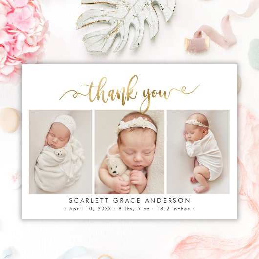 モダン金ゴールドス生まれたばかりのクリプト3ベビー写真ありがとう サンキューカード