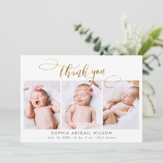 モダン金ゴールドス生まれたばかりのクリプト3ベビー写真ありがとう サンキューカード (スタンド正面)