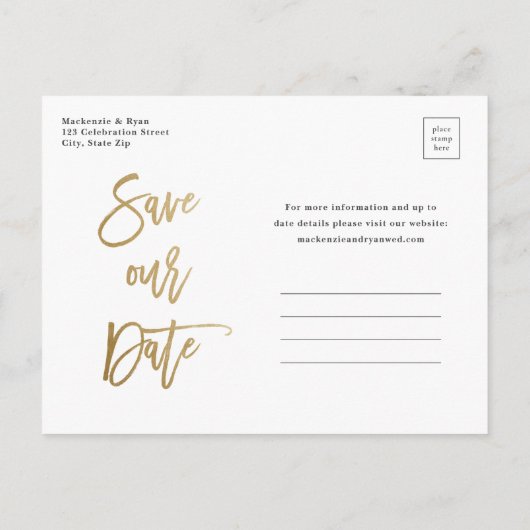 モダン金ゴールドス結婚クリプトの写真の日付の保存 案内ポストカード (裏面)