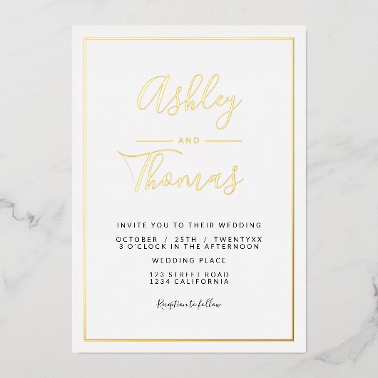 モダン金ゴールドス結婚クリプト写真の幾何学的フレーム 箔招待状 (正面)