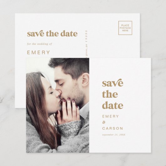 モダン金ゴールドタイポグラフィ写真の保存日付 インビテーションポストカード (正面/裏面)