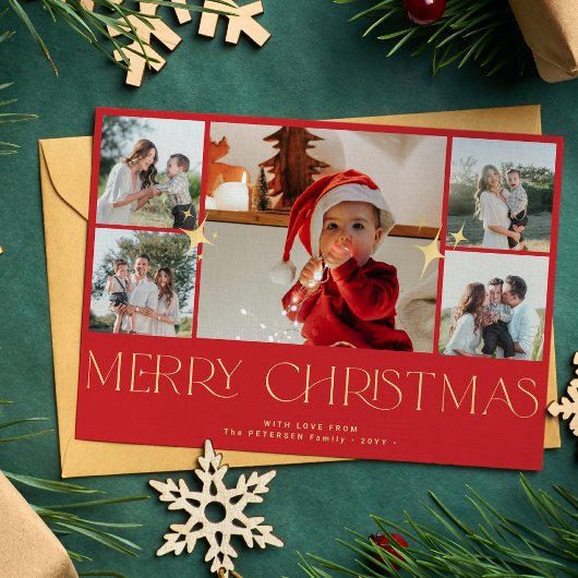 モダン金ゴールドタイポグラフィ写真丁合せ赤クリスマス シーズンカード