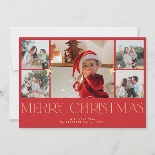 モダン金ゴールドタイポグラフィ写真丁合せ赤クリスマス シーズンカード (正面)