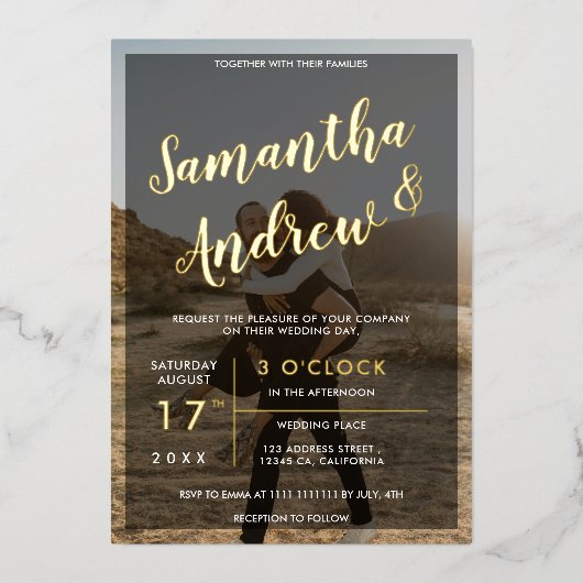 モダン金ゴールドタイポグラフィ結婚写真 箔招待状 (正面)