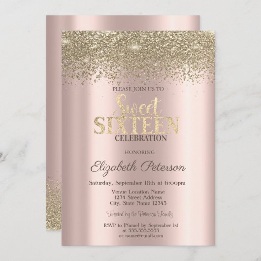 モダン金ゴールドダイヤモンドバラ金ゴールドスウィート16 招待状 (正面/裏面)