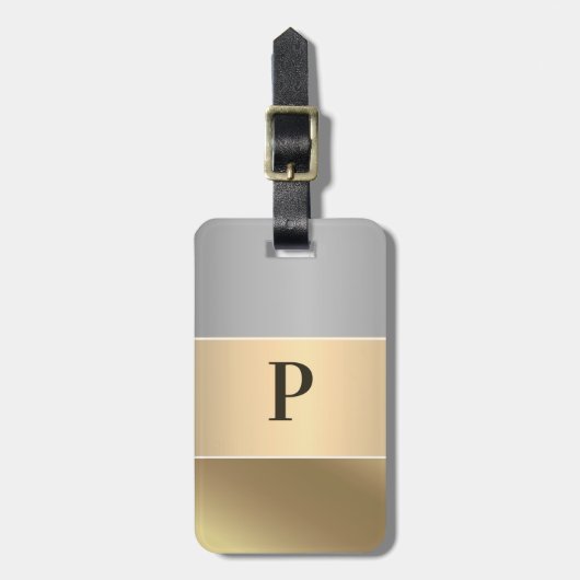 モダン金ゴールドチョッパー銀金属モノグラム名 ラゲッジタグ (正面縦)