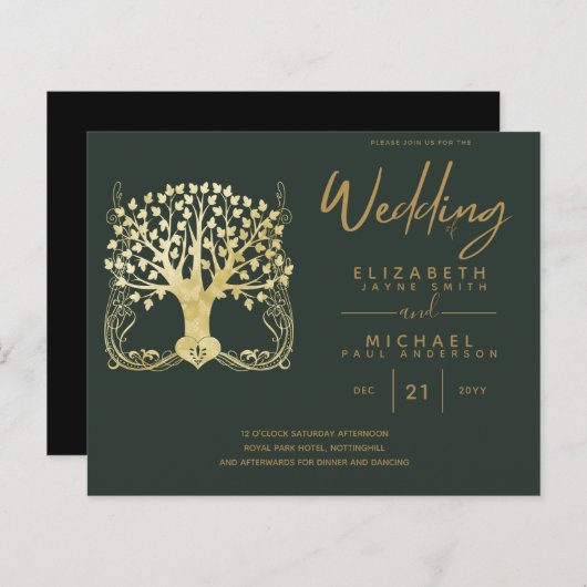 モダン金ゴールドツリーの生活予算の結婚式の招待 (正面/裏面)