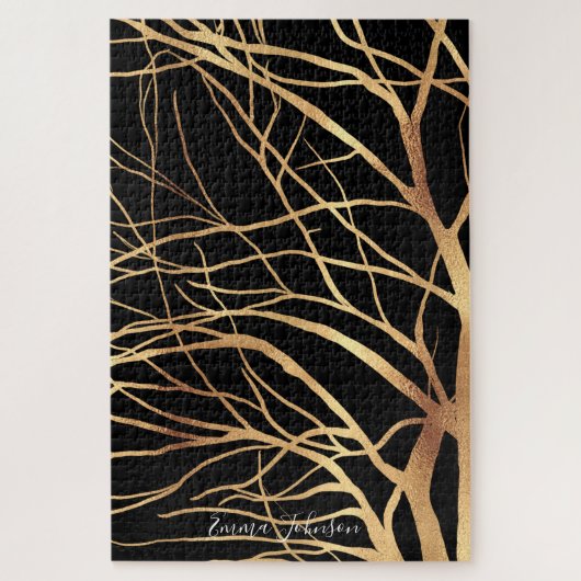モダン金ゴールドツリーシルエットミニマルブラックデザインC ジグソーパズル (縦)