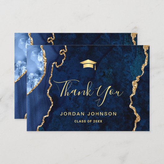 モダン金ゴールドネイビーブルーマーブル卒業 サンキューカード (正面/裏面)