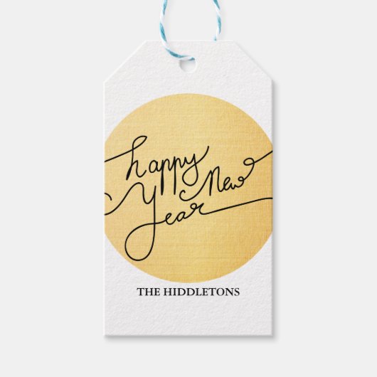 モダン金ゴールドハッピーニューイヤータイポグラフィ ギフトタグ (正面)