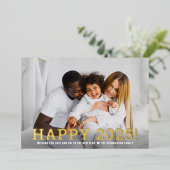 モダン金ゴールドハッピーニューイヤー2025フォトコラージュ 箔シーズンカード (立ち正面)