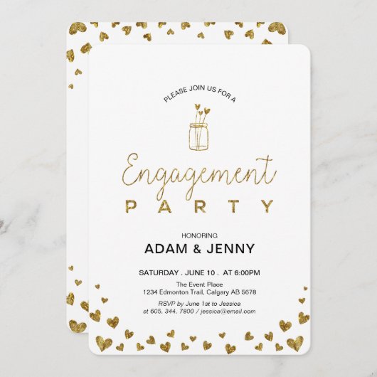 モダン金ゴールドハート婚約パーティ招待状 招待状 (正面/裏面)