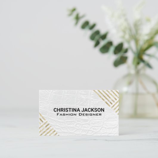 モダン金ゴールドパタストライプのーン |ホワイトレザー 名刺 (スタンド正面)