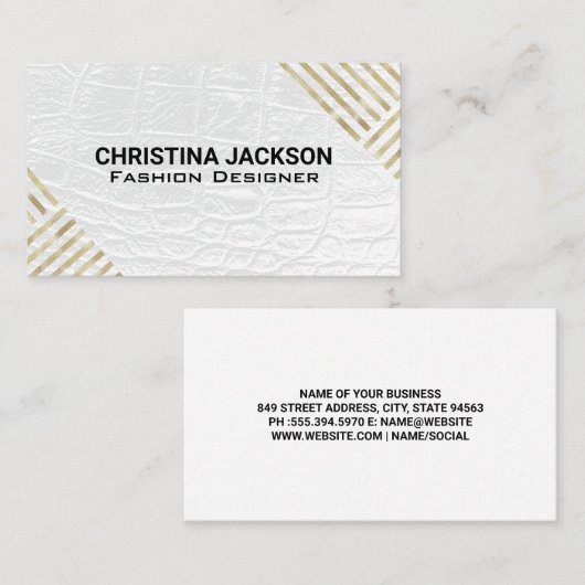 モダン金ゴールドパタストライプのーン |ホワイトレザー 名刺 (正面/裏面)
