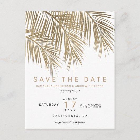 モダン金ゴールドパームエレガントツリーの日付を保存 案内ポストカード (正面)