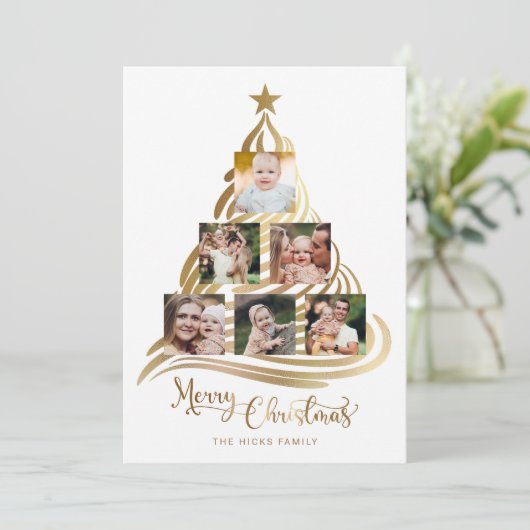 モダン金ゴールドフェイククリスマスツリーファミリーマルチフォト シーズンカード (スタンド正面)