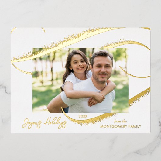 モダン金ゴールドフェイクグリッターブラシストローク写真 箔シーズンポストカード (正面)