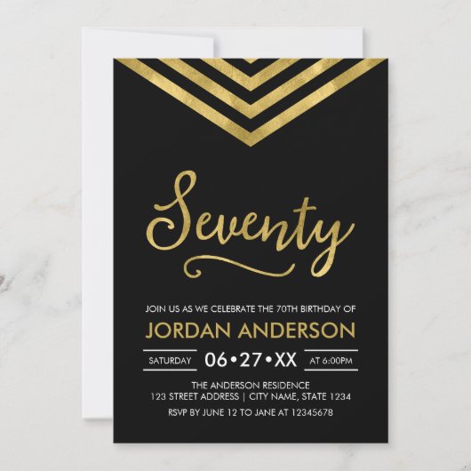 モダン金ゴールドフェイクシェブロン70th誕生日パーティー 招待状 (正面)