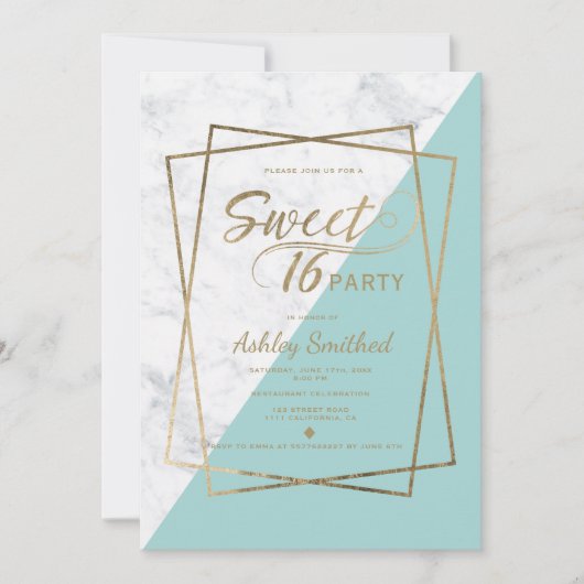 モダン金ゴールドフェイクタイポグラフィマーブルティール（緑がかった色）スイート16 招待状 (正面)
