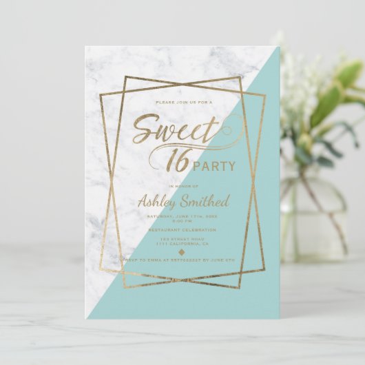 モダン金ゴールドフェイクタイポグラフィマーブルティール（緑がかった色）スイート16 招待状 (スタンド正面)