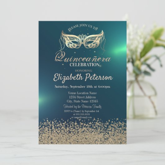 モダン金ゴールドフェイクダイヤモンド、マスカレードキンセアニラ 招待状 (スタンド正面)