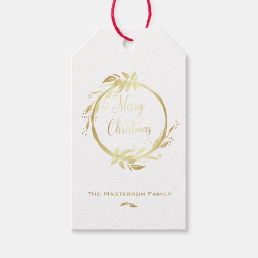 モダン金ゴールドフェイクホワイトメリークリスマスリース ギフトタグ (正面)