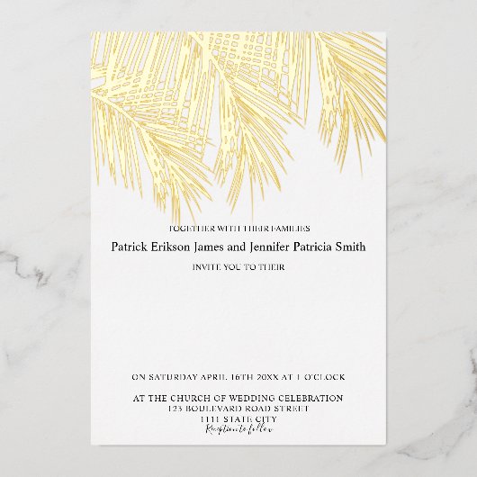 モダン金ゴールドフォイルエレガントの手ののひらの木の結婚台本 箔招待状 (正面)