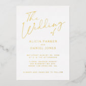 モダン金ゴールドフォイル書結婚跡 箔招待状 (正面)