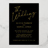 モダン金ゴールドフォイル書道スクリプ結婚ト黒 箔招待状 (正面)