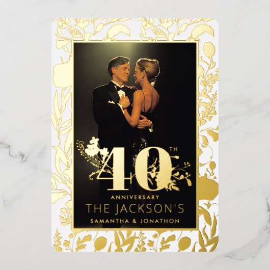 モダン金ゴールドフォーマルフローラ40結婚周年記念 箔招待状 (正面)
