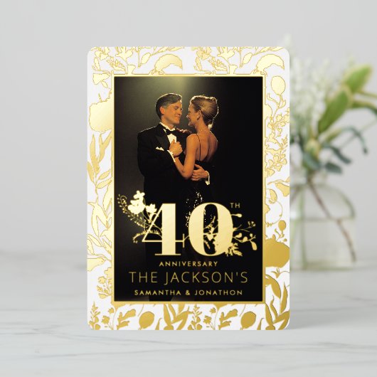 モダン金ゴールドフォーマルフローラ40結婚周年記念 箔招待状 (立ち正面)