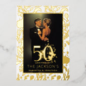 モダン金ゴールドフォーマルフローラ50結婚周年記念 箔招待状 (正面)