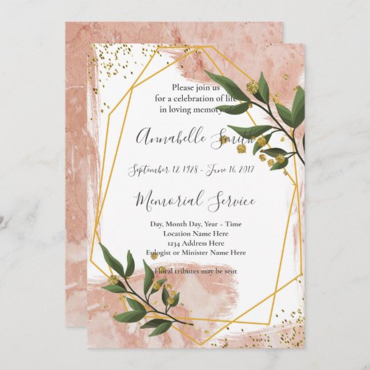 モダン金ゴールドフレームアイボリーグリーンフローラル愛メモリ 招待状 (正面/裏面)