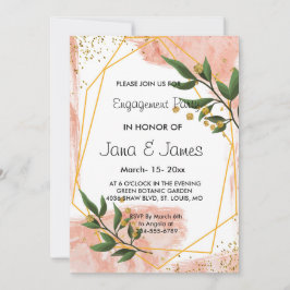 モダン金ゴールドフレームアイボリーグリーンフローラ婚約 招待状