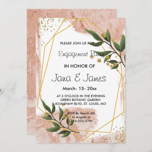 モダン金ゴールドフレームアイボリーグリーンフローラ婚約 招待状 (正面/裏面)