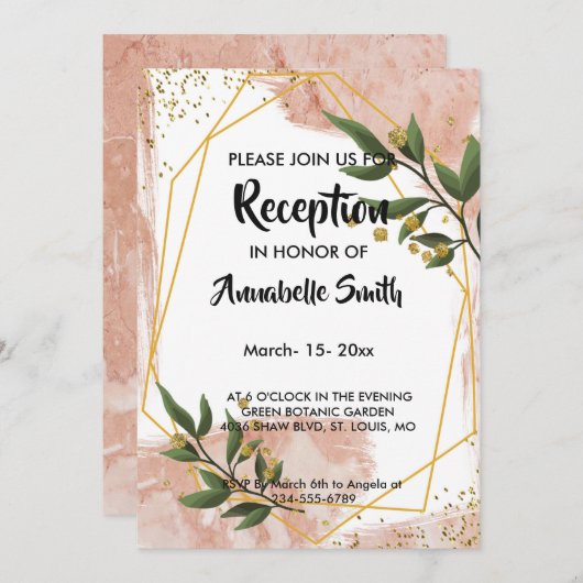 モダン金ゴールドフレームアイボリーグリーンフローラ披露宴 招待状 (正面/裏面)