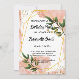 モダン金ゴールドフレームアイボリーグリーンフローラ誕生日 招待状