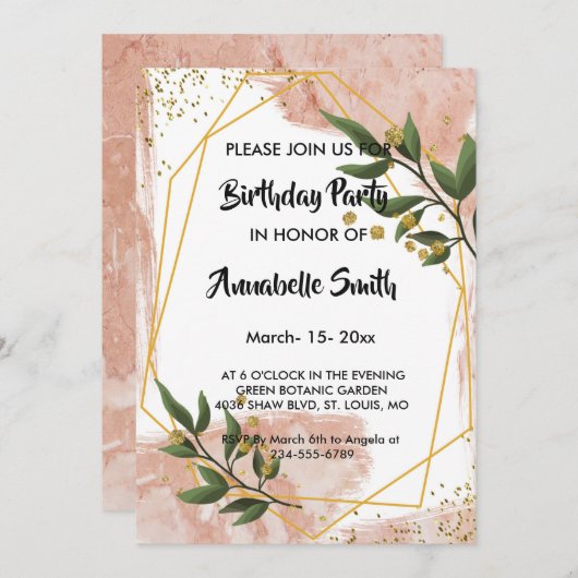 モダン金ゴールドフレームアイボリーグリーンフローラ誕生日 招待状 (正面/裏面)