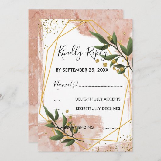 モダン金ゴールドフレームアイボリーグリーンフローラRSVP 招待状 (正面/裏面)