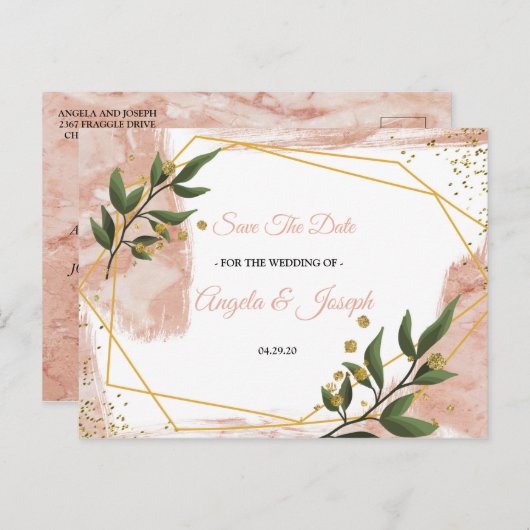 モダン金ゴールドフレームアイボリー緑のフローラ日付の保存 ポストカード (正面/裏面)