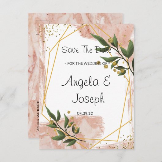 モダン金ゴールドフレームアイボリー緑のフローラ日付の保存 案内ポストカード (正面/裏面)