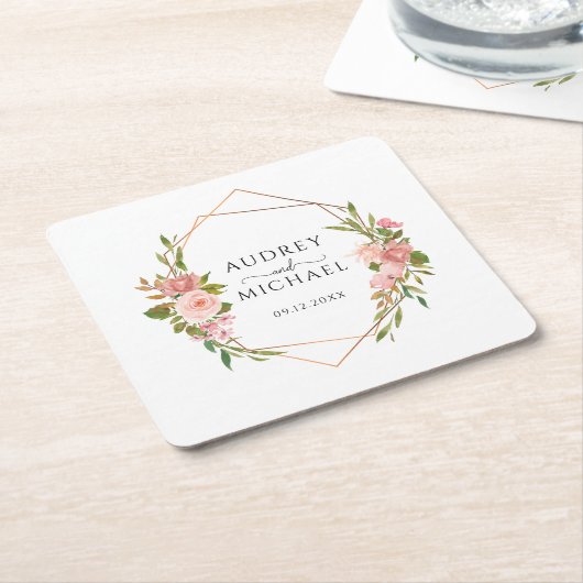 モダン金ゴールドフレームフローラ写真結婚の感謝 スクエアペーパーコースター (アングル)
