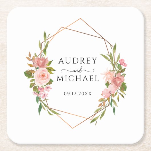 モダン金ゴールドフレームフローラ写真結婚の感謝 スクエアペーパーコースター (正面)