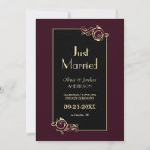 モダン金ゴールドフレームブラックブルゴーニュたった今結婚しました 案内状 (正面)