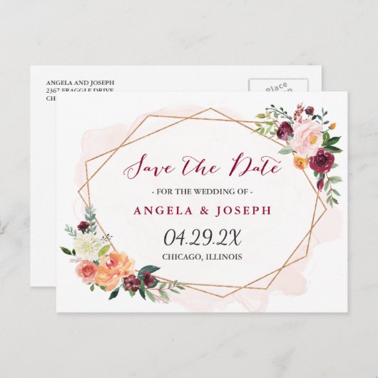 モダン金ゴールドフレーム水カラーフローラ日付の保存 案内ポストカード (正面/裏面)