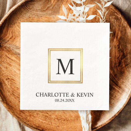モダン金ゴールドフレーム白黒モノグ結婚ラム スタンダードカクテルナプキン