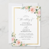 モダン金ゴールドフレーム赤面水色フローラ結婚ズ 招待状 (正面)