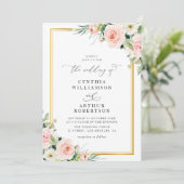 モダン金ゴールドフレーム赤面水色フローラ結婚ズ 招待状 (スタンド正面)