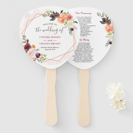 モダン金ゴールドフレーム開花フローラ結婚式 プログラム ハンドファン (正面&裏面)