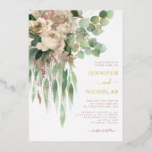 モダン金ゴールドフローラダスティバラ結婚ズ 箔招待状 (正面)